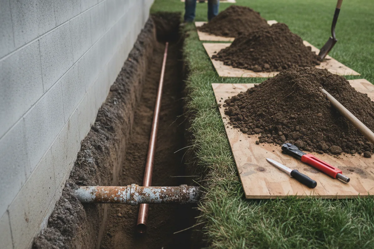 Excavated water line trench during Water Heater Repair in Saint Anthony